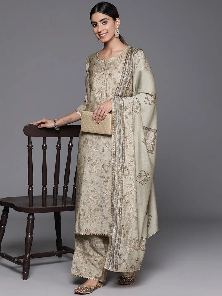 Green Printed Silk Blend Straight Kurta With Palazzos & Dupatta - Libas