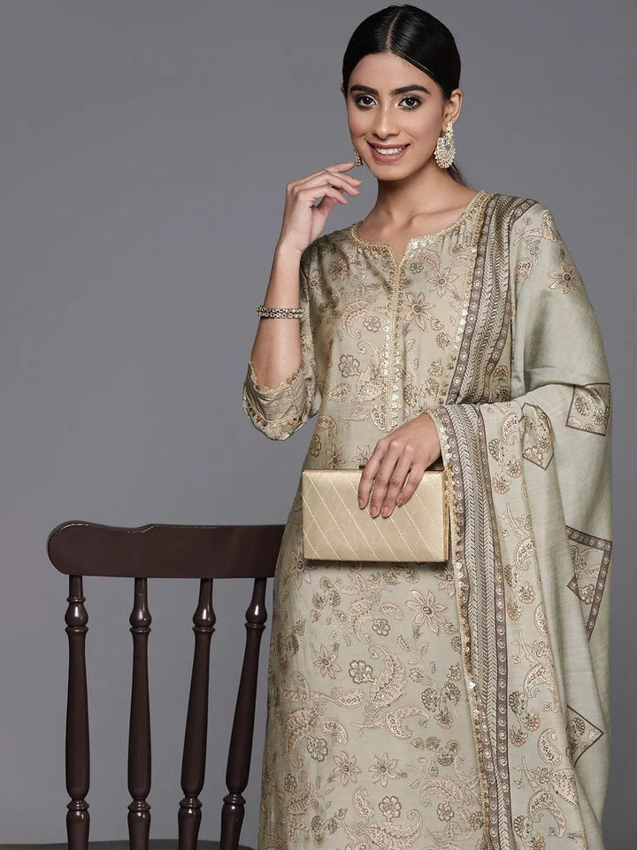 Green Printed Silk Blend Straight Kurta With Palazzos & Dupatta - Libas