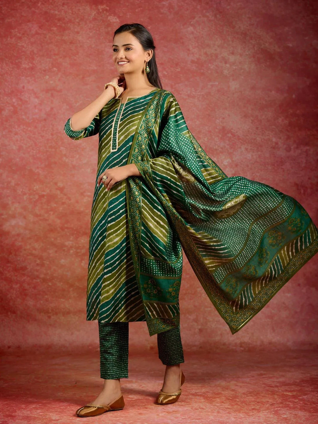 Green Printed Silk Blend Dress Material With Dupatta