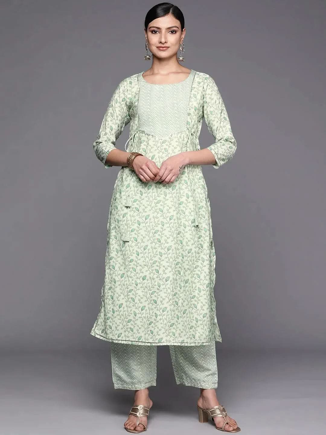 Green Printed Silk Blend Straight Kurta Set With Trousers - Libas