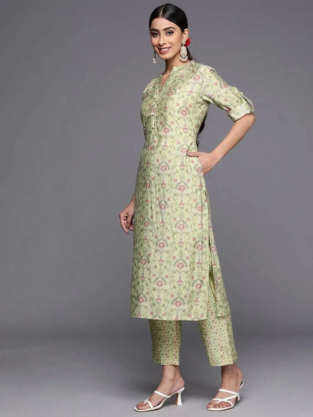 Green Printed Silk Blend Straight Kurta Set With Trousers - Libas