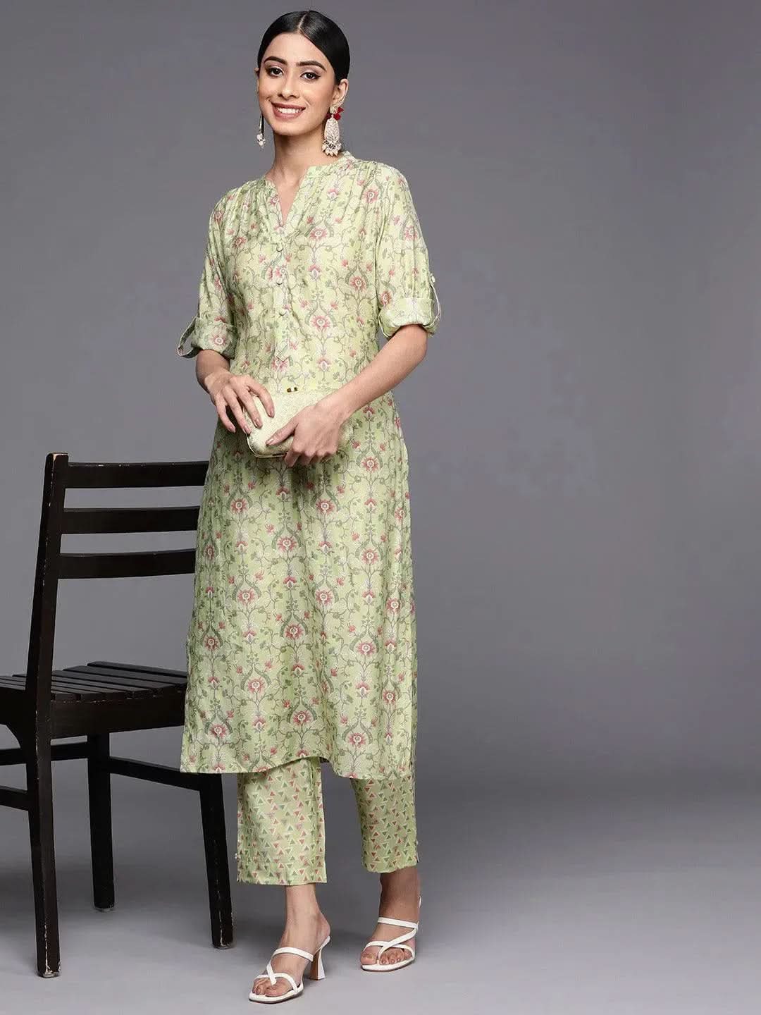 Green Printed Silk Blend Straight Kurta Set With Trousers - Libas