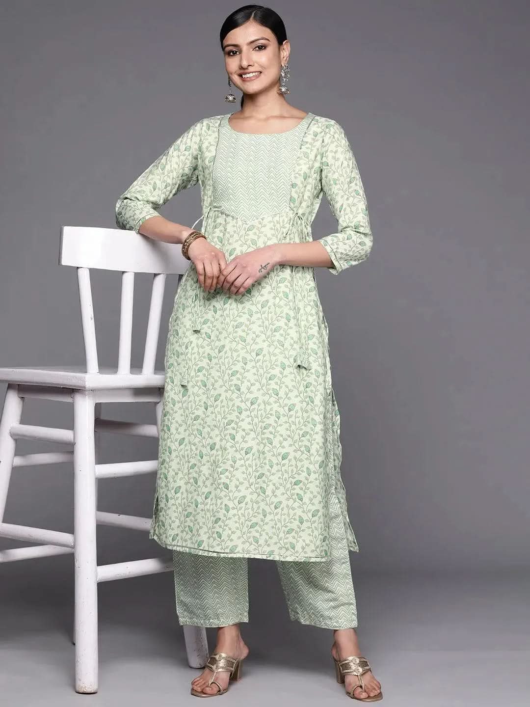 Green Printed Silk Blend Straight Kurta Set With Trousers - Libas