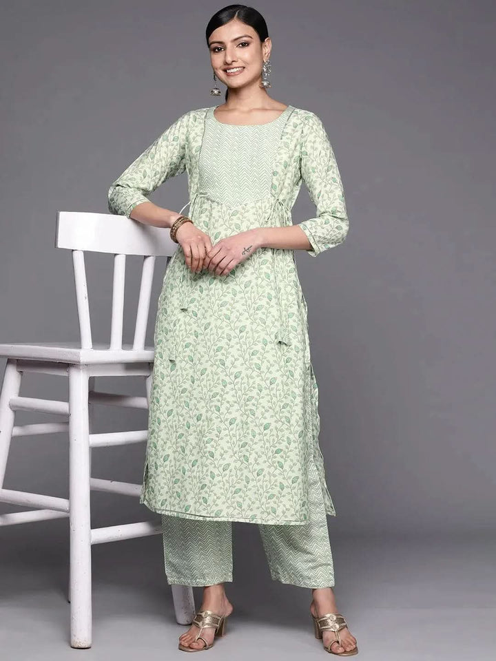 Green Printed Silk Blend Straight Kurta Set With Trousers - Libas