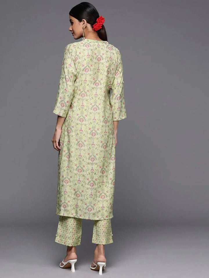 Green Printed Silk Blend Straight Kurta Set With Trousers - Libas