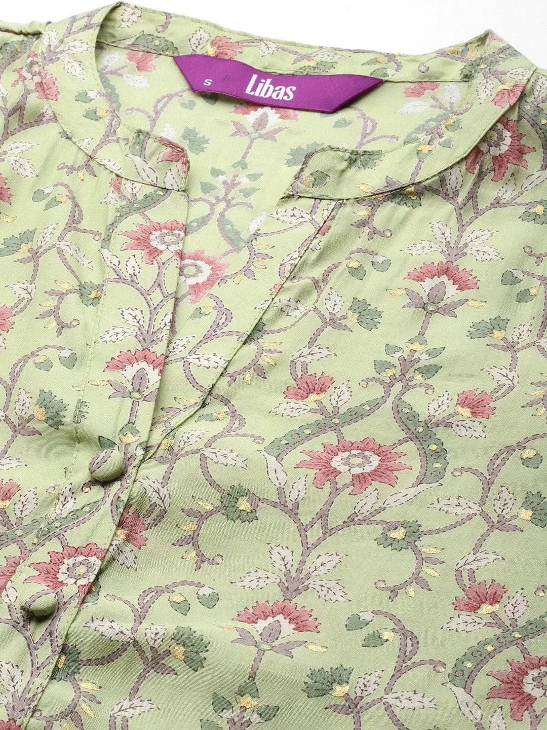 Green Printed Silk Blend Straight Kurta Set With Trousers - Libas