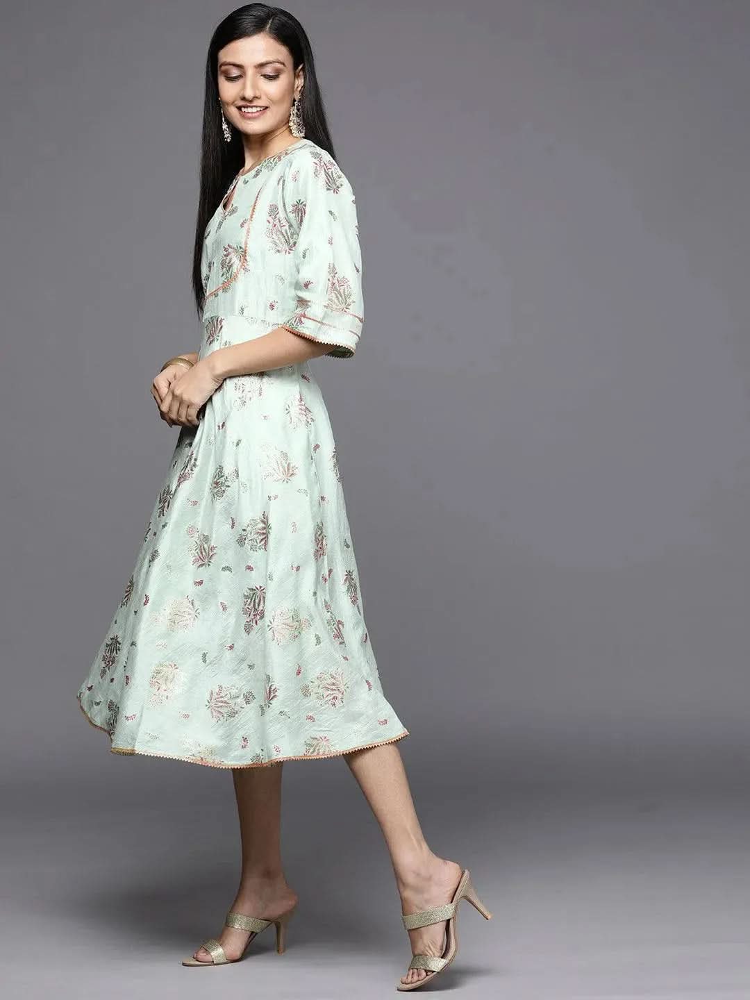Green Printed Silk Empire Dress - Libas