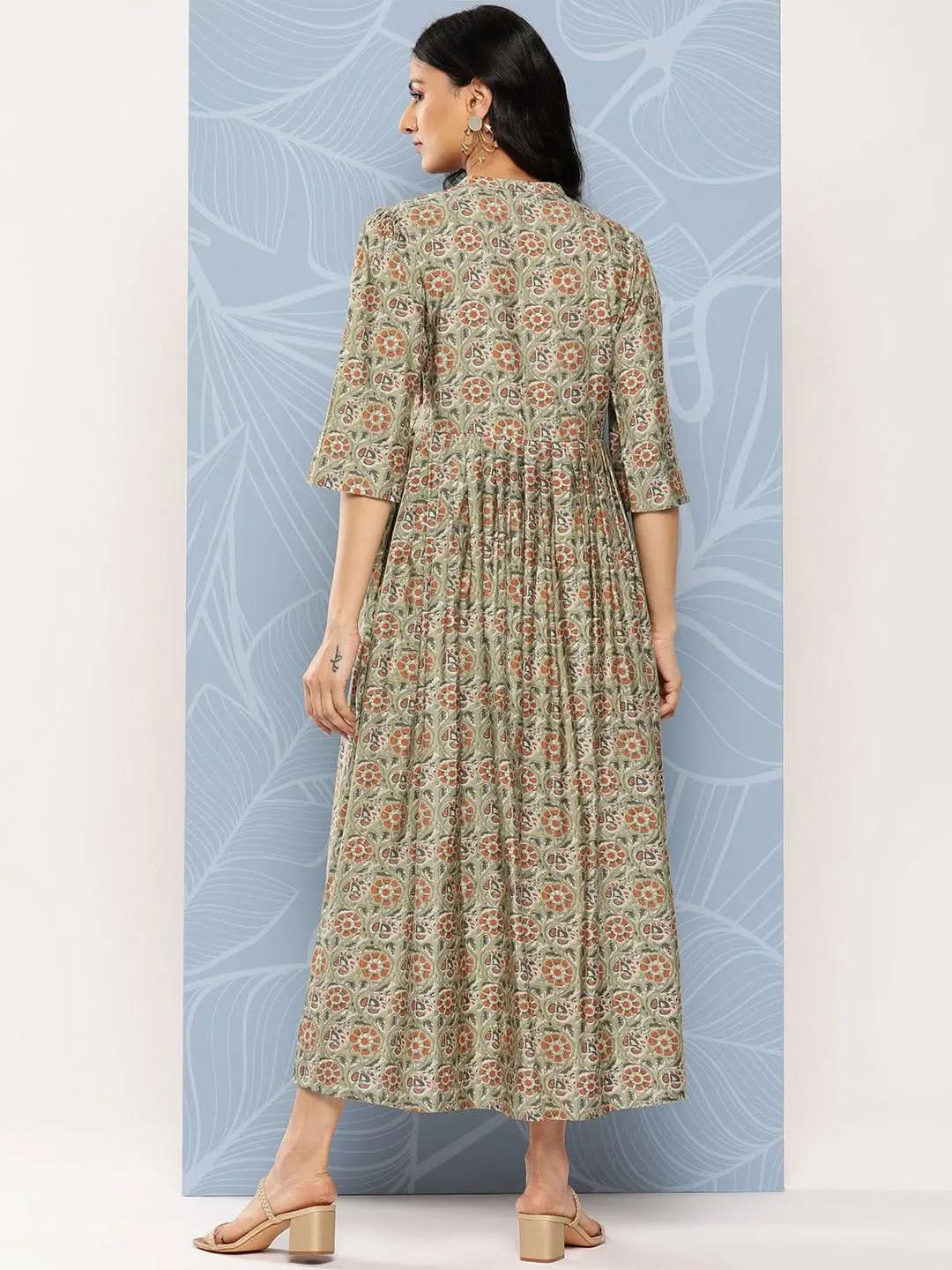 Green Printed Silk Fit and Flare Dress - Libas
