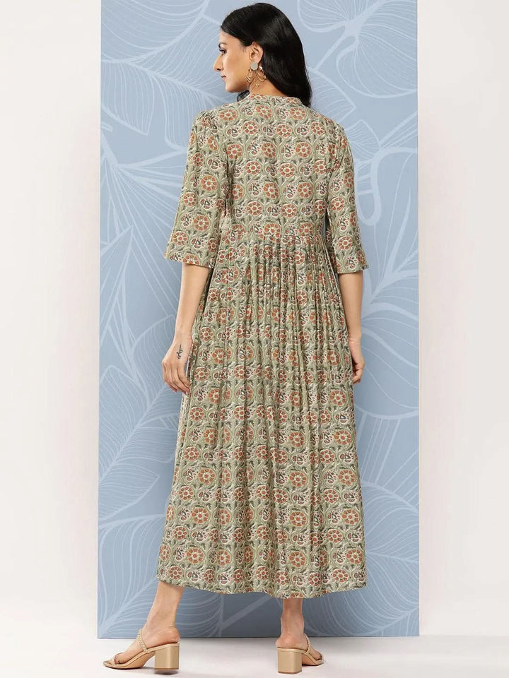 Green Printed Silk Fit and Flare Dress - Libas