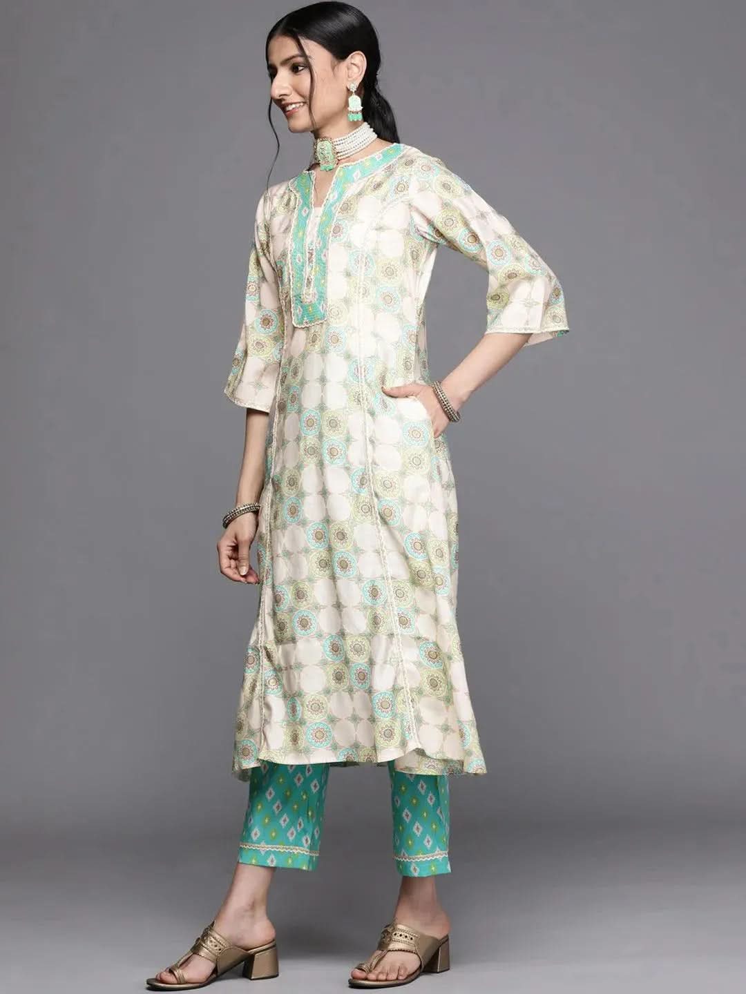 Green Printed Silk Kurta - Libas