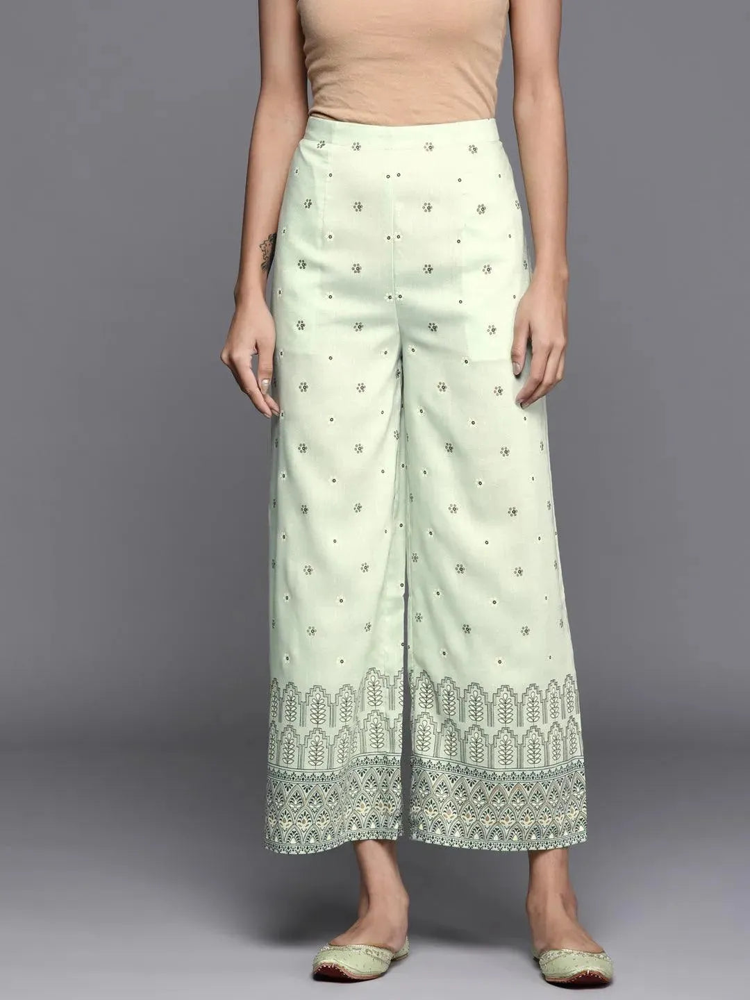 Green Printed Silk Palazzos - Libas