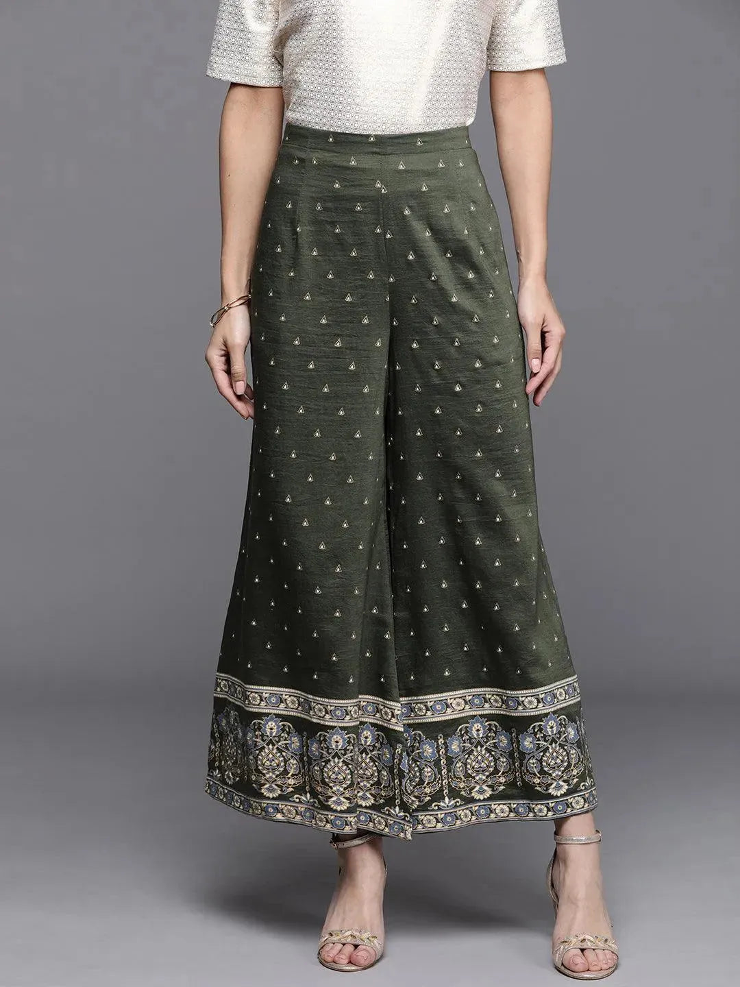 Green Printed Silk Palazzos - Libas