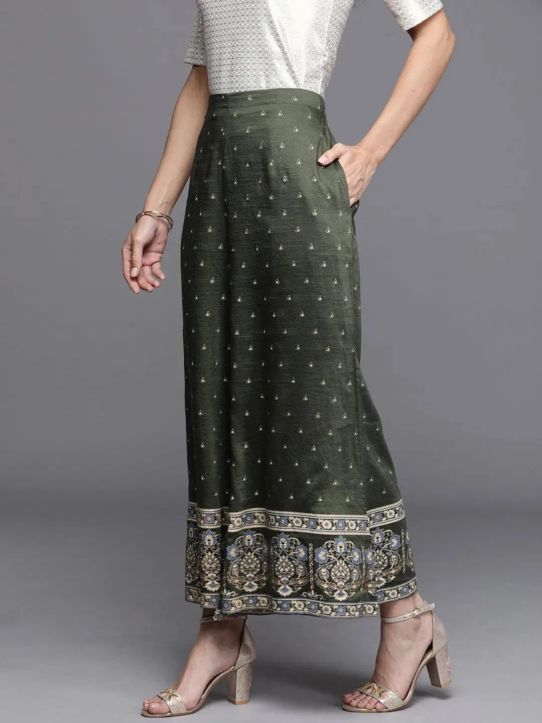 Green Printed Silk Palazzos - Libas