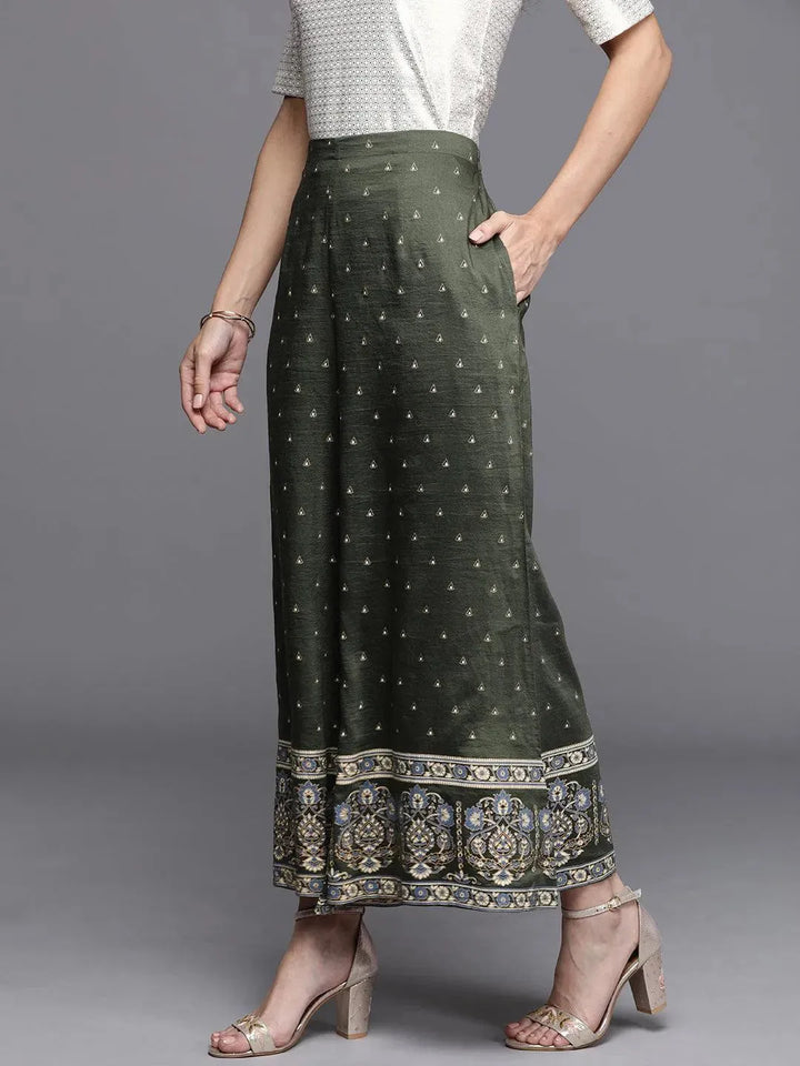 Green Printed Silk Palazzos - Libas