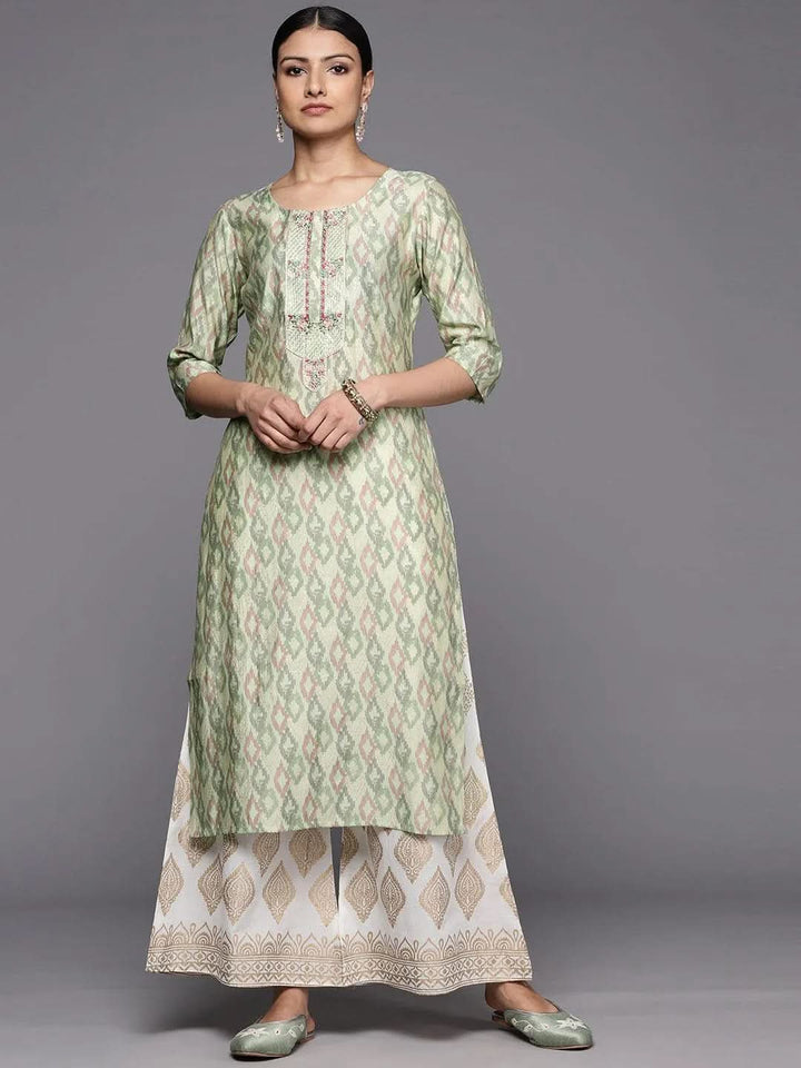 Green Printed Silk Straight Kurta - Libas