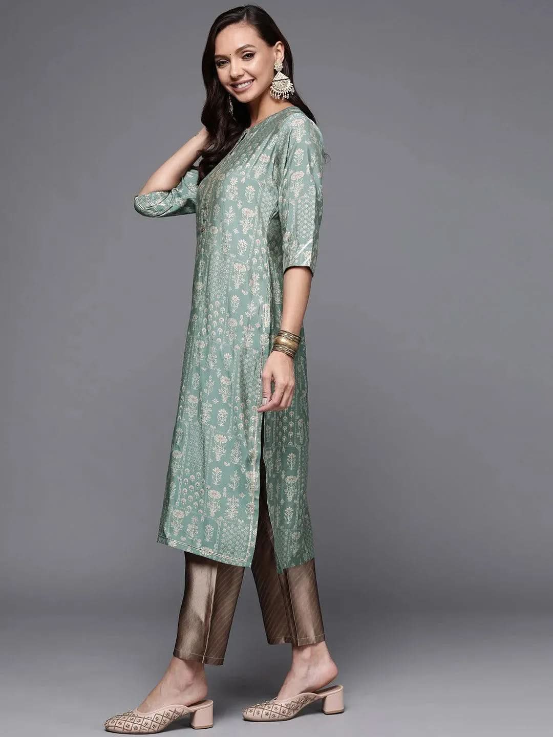Green Printed Silk Straight Kurta - Libas