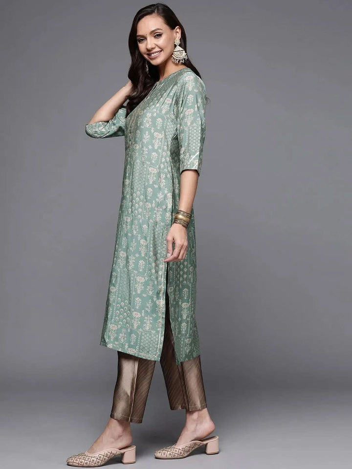 Green Printed Silk Straight Kurta - Libas