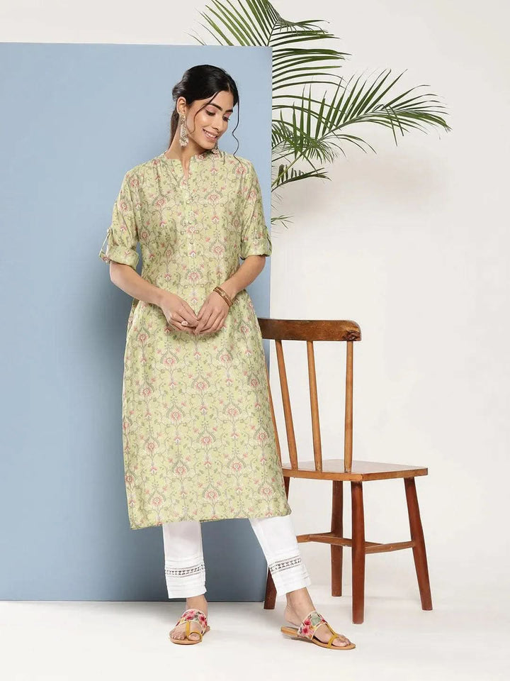 Green Printed Silk Straight Kurta - Libas