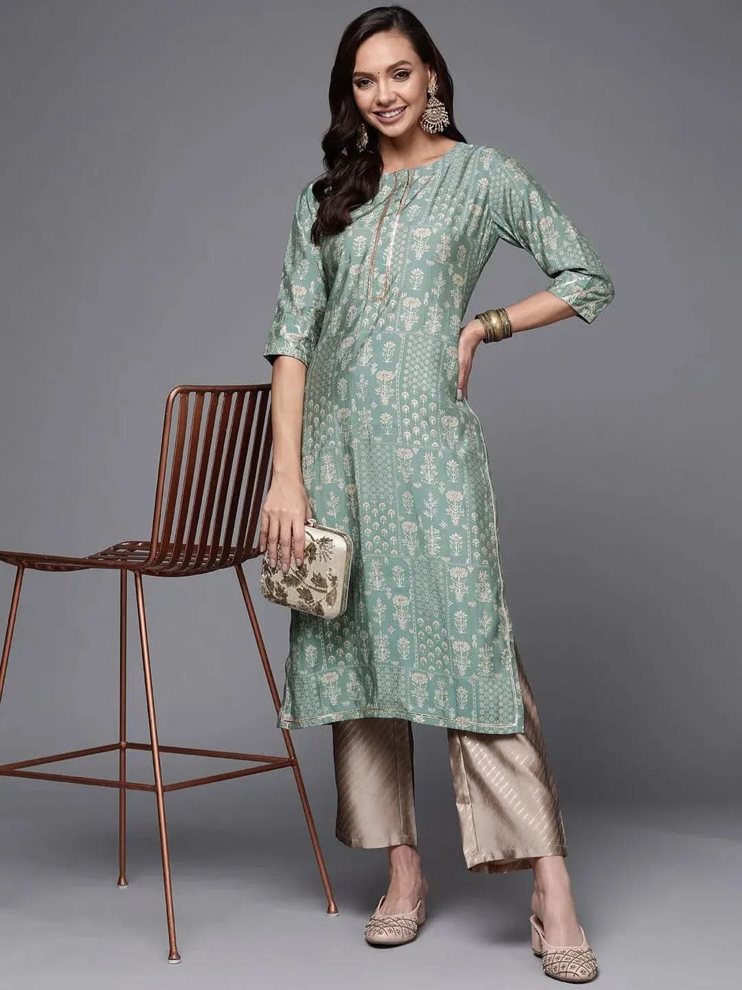 Green Printed Silk Straight Kurta - Libas
