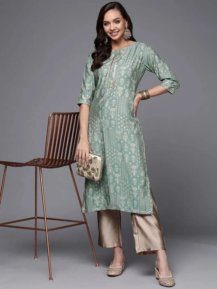 Green Printed Silk Straight Kurta - Libas