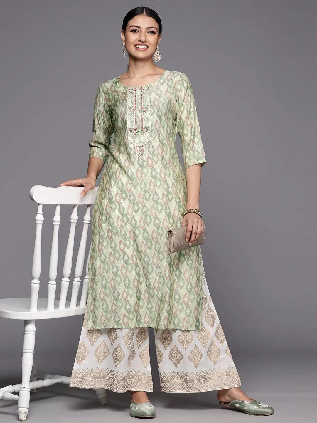 Green Printed Silk Straight Kurta - Libas
