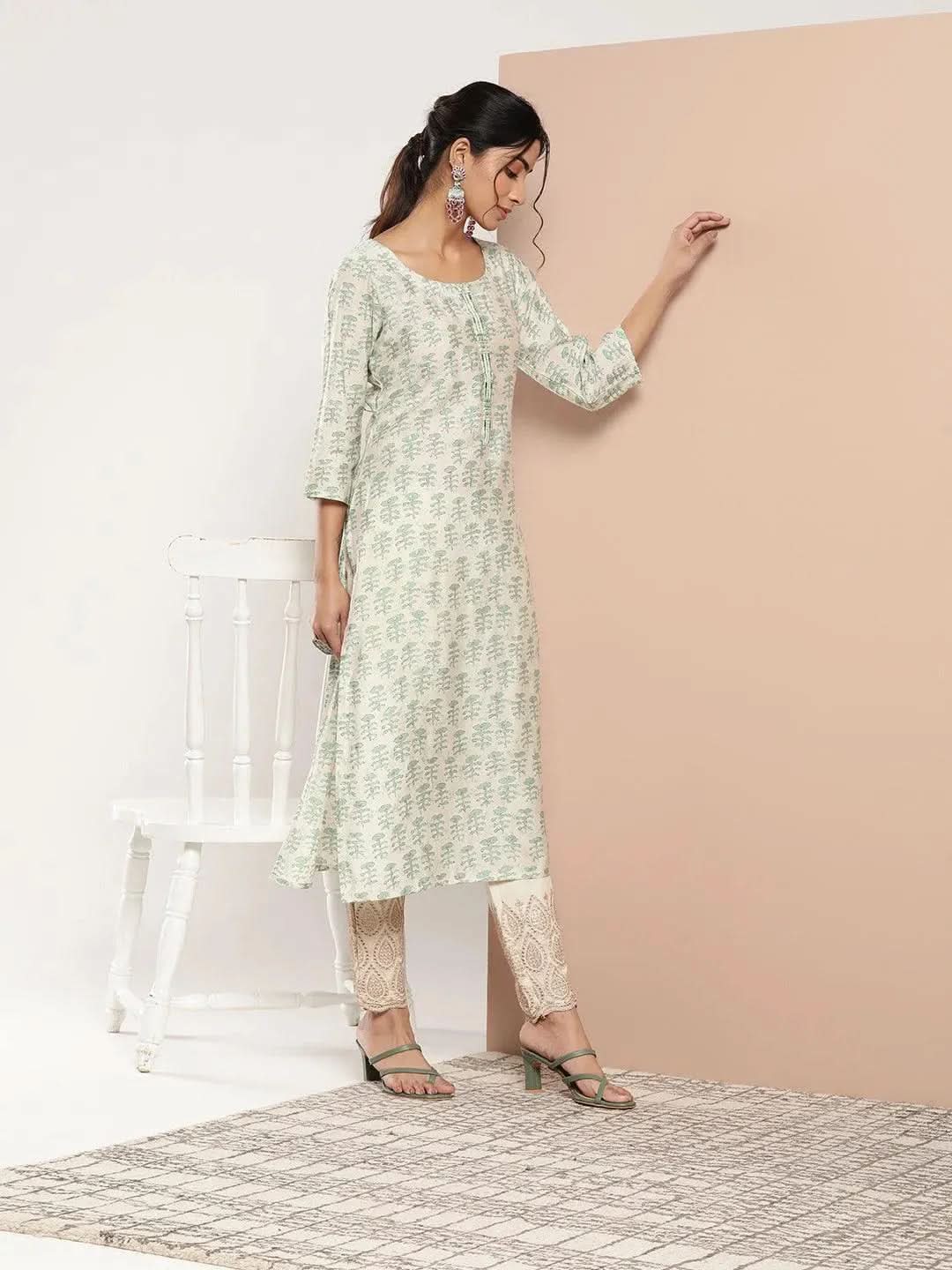 Green Printed Silk Straight Kurta - Libas