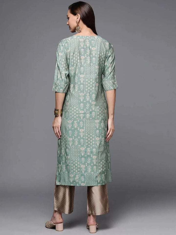 Green Printed Silk Straight Kurta - Libas