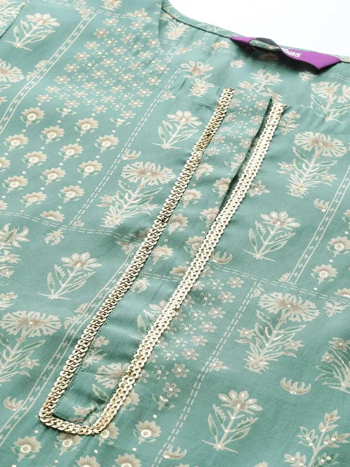Green Printed Silk Straight Kurta - Libas