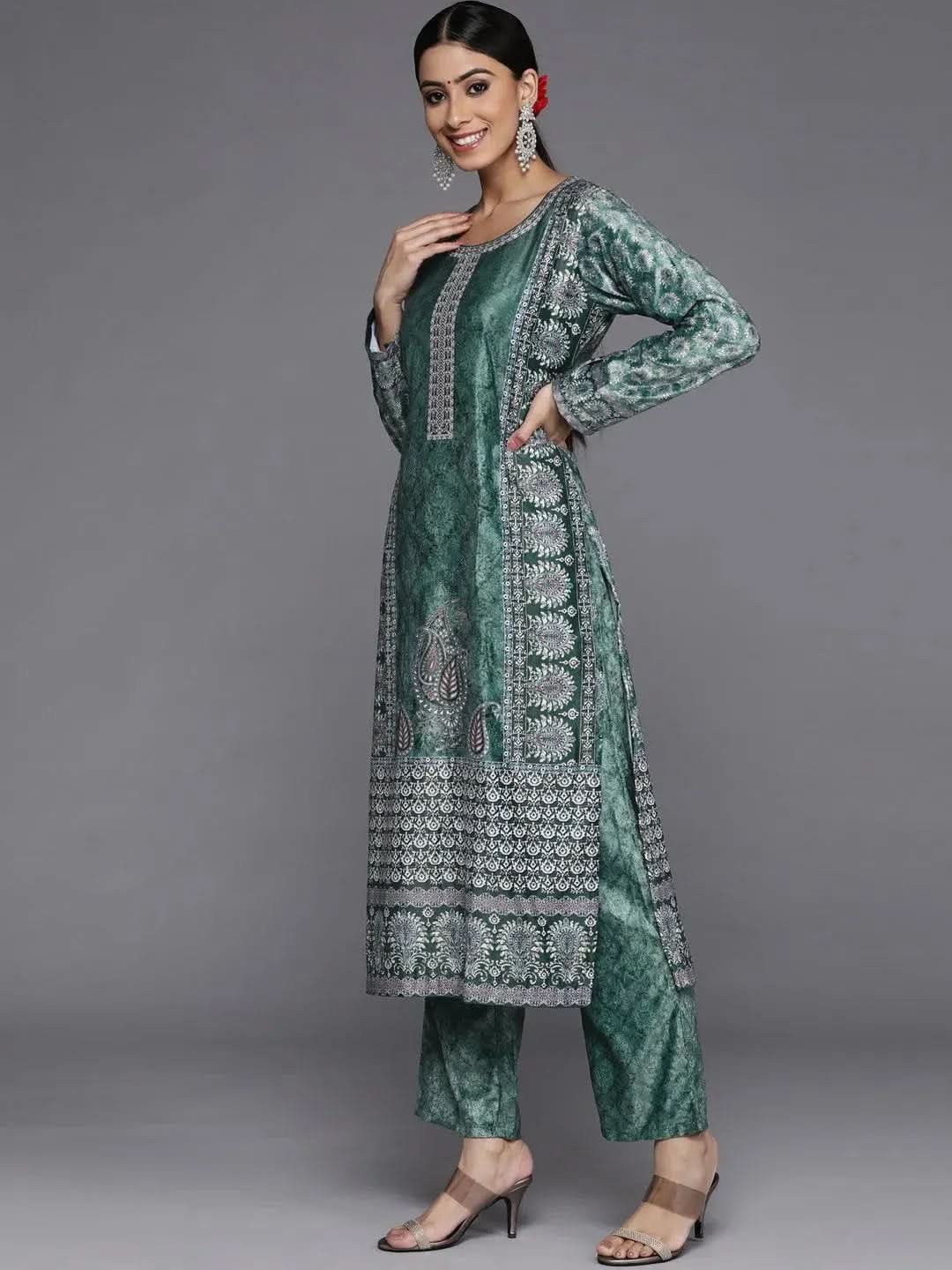 Green Printed Velvet Straight Suit Set With Trousers - Libas