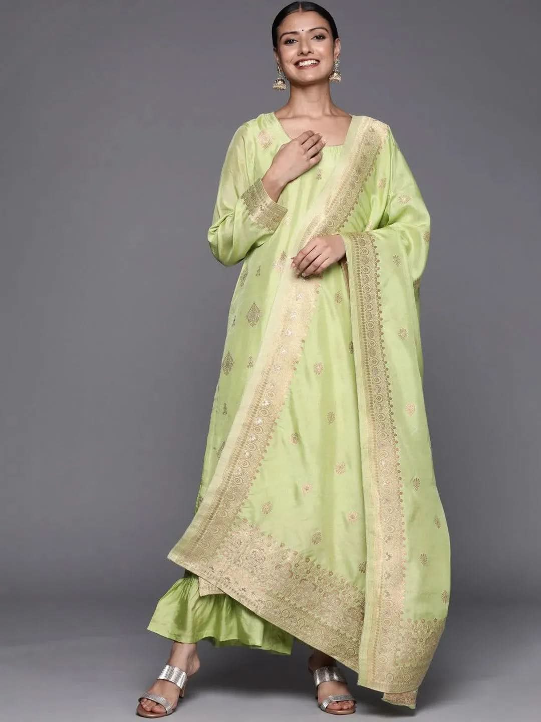 Green Self Design Chanderi Silk Straight Kurta With Palazzos & Dupatta 
Green Self Design Chanderi Silk Straight Kurta With Palazzos & Dupatta