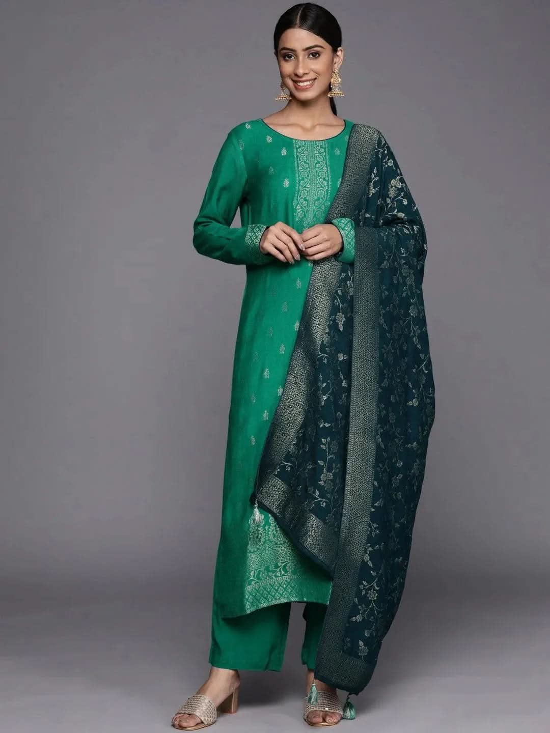 Green Self Design Pashmina Wool Straight Suit Set - Libas