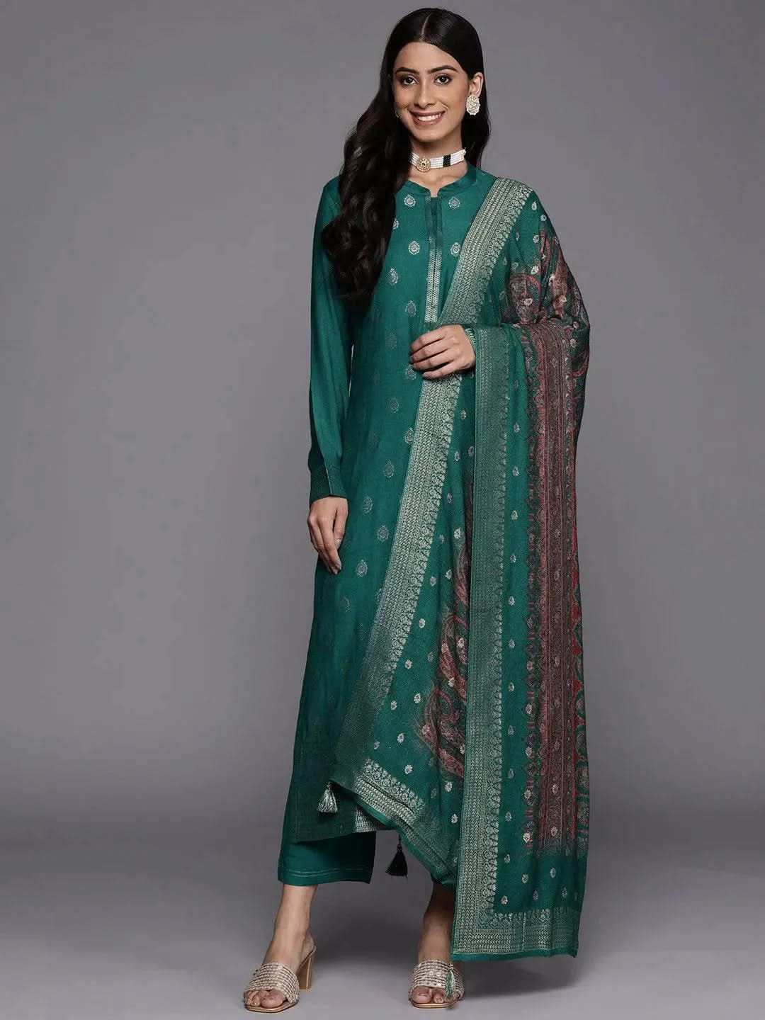 Green Self Design Pashmina Wool Straight Suit Set - Libas