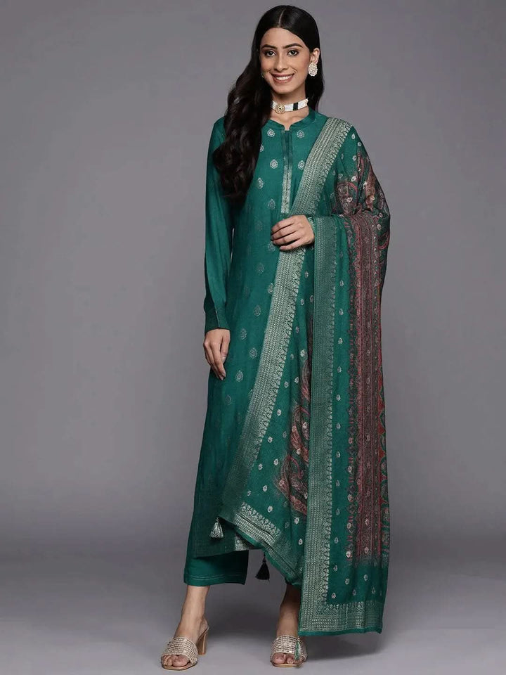 Green Self Design Pashmina Wool Straight Suit Set - Libas
