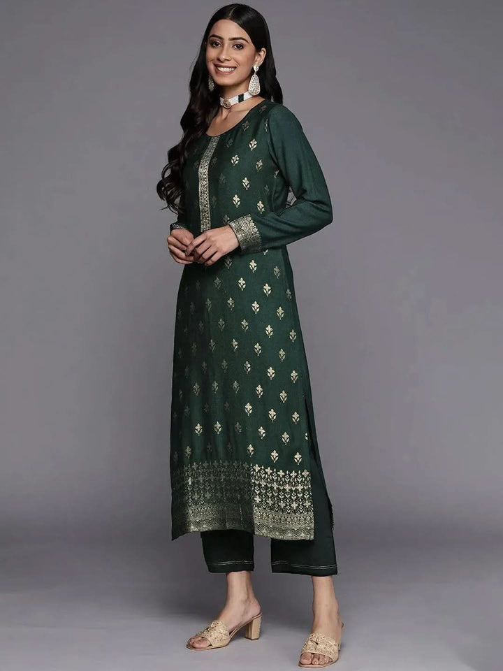 Green Self Design Pashmina Wool Straight Suit Set - Libas