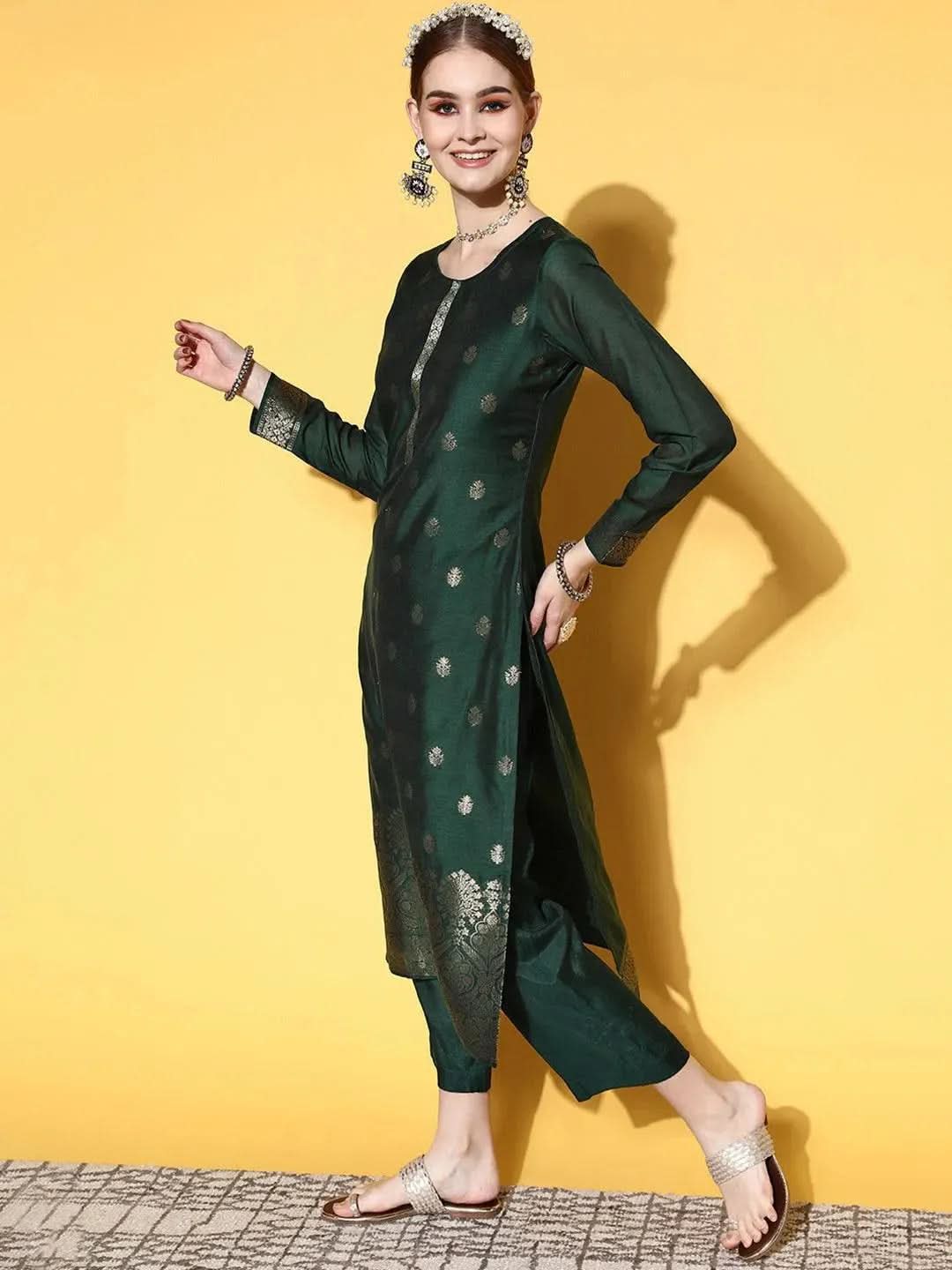 Green Self Design Silk Blend Straight Suit Set - Libas