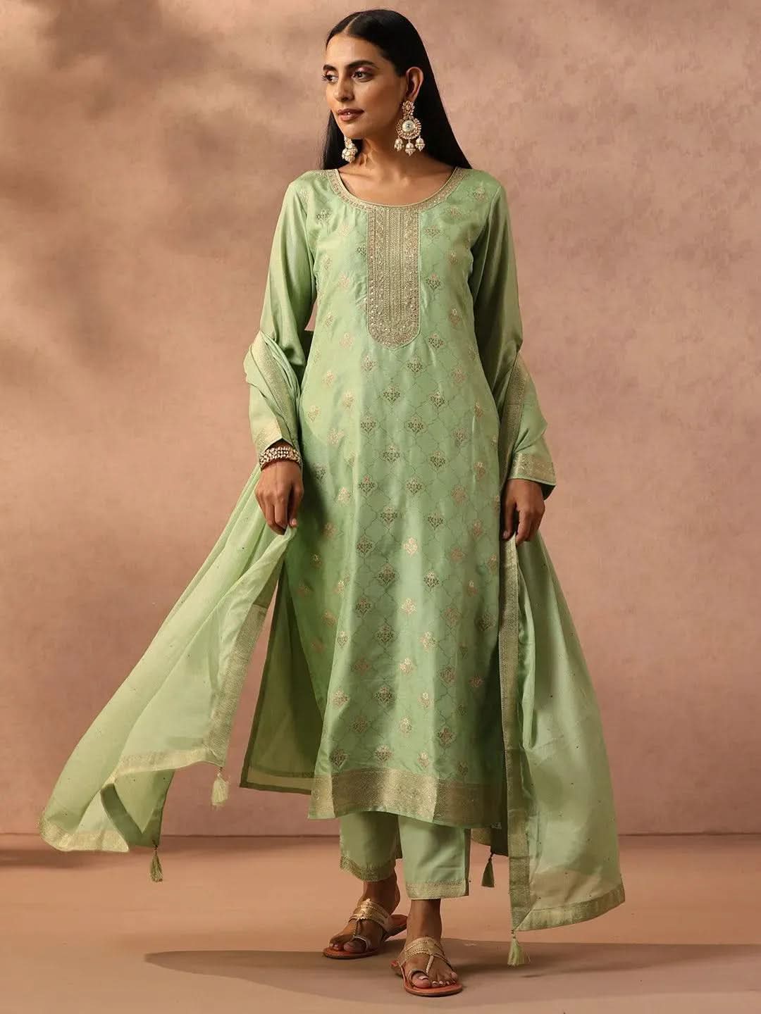 Green Self Design Silk Blend Straight Kurta With Trousers & Dupatta
Green Self Design Silk Blend Straight Kurta With Trousers & Dupatta