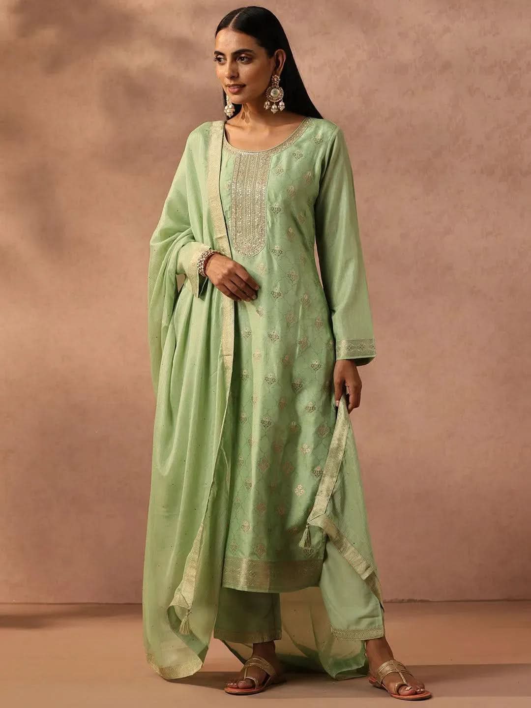 Green Self Design Silk Blend Suit Set With Trousers - Libas