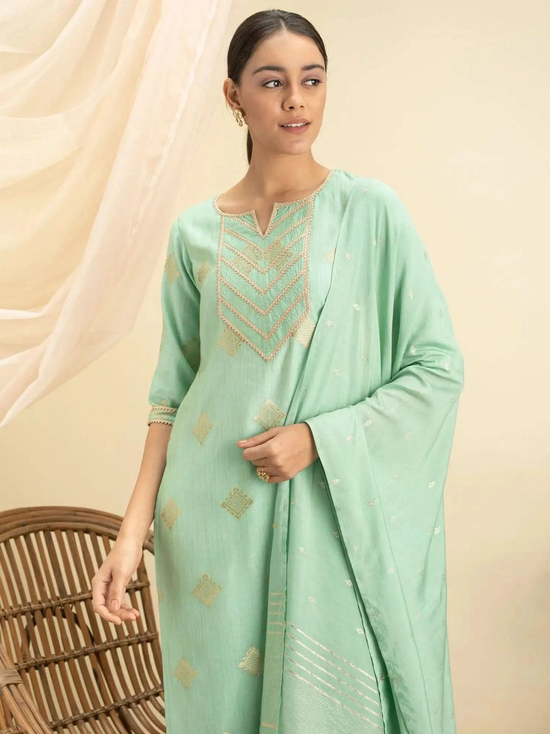Green Self Design Silk Suit Set - Libas