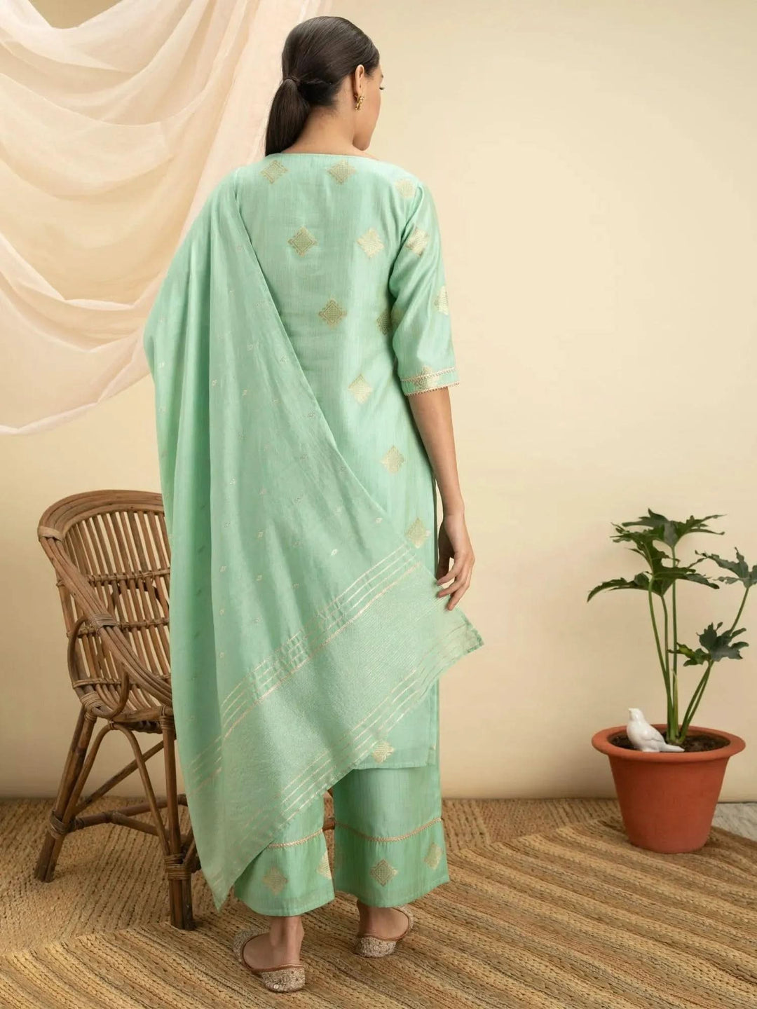 Green Self Design Silk Suit Set - Libas