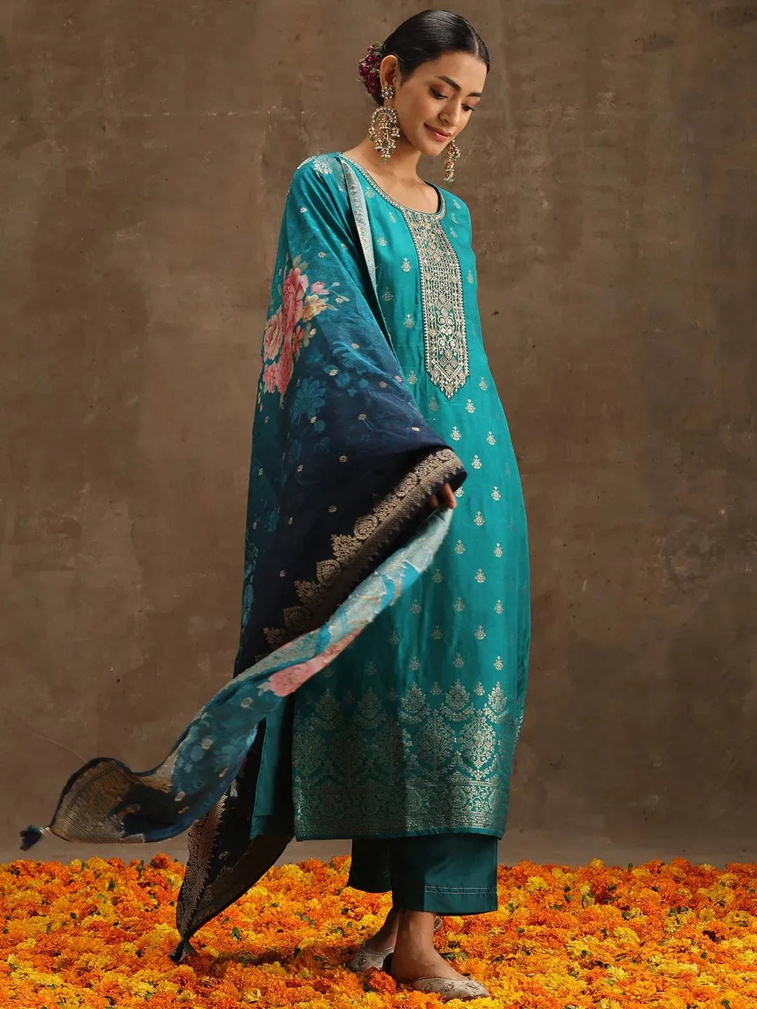 Green Self Design Silk Straight Kurta With Trousers & Dupatta Online at Rs.3079 | Libas