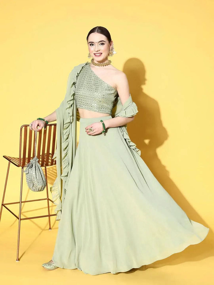 Green Sequinned Georgette Lehenga Set With Potli - Libas