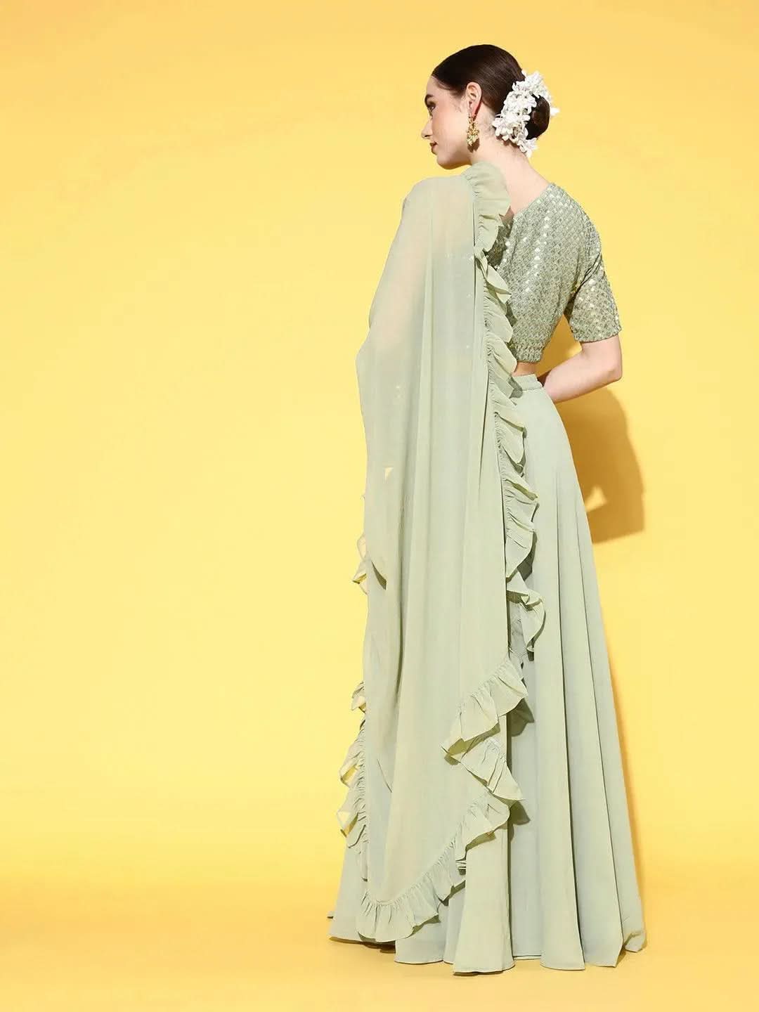 Green Sequinned Georgette Lehenga Set With Potli - Libas