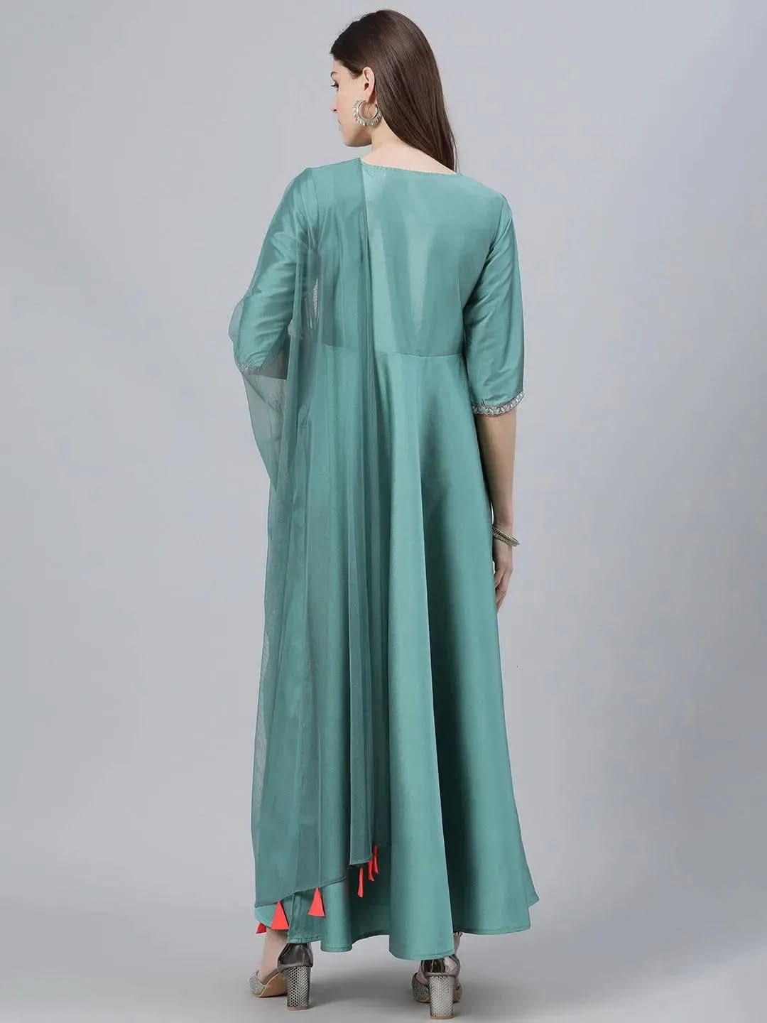 Green Solid Chanderi Dress With Dupatta - Libas
