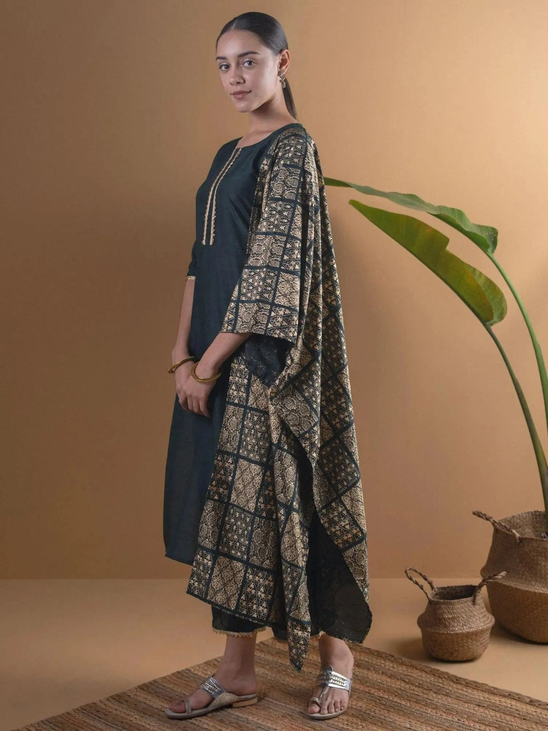 Green Solid Chanderi Suit Set - Libas