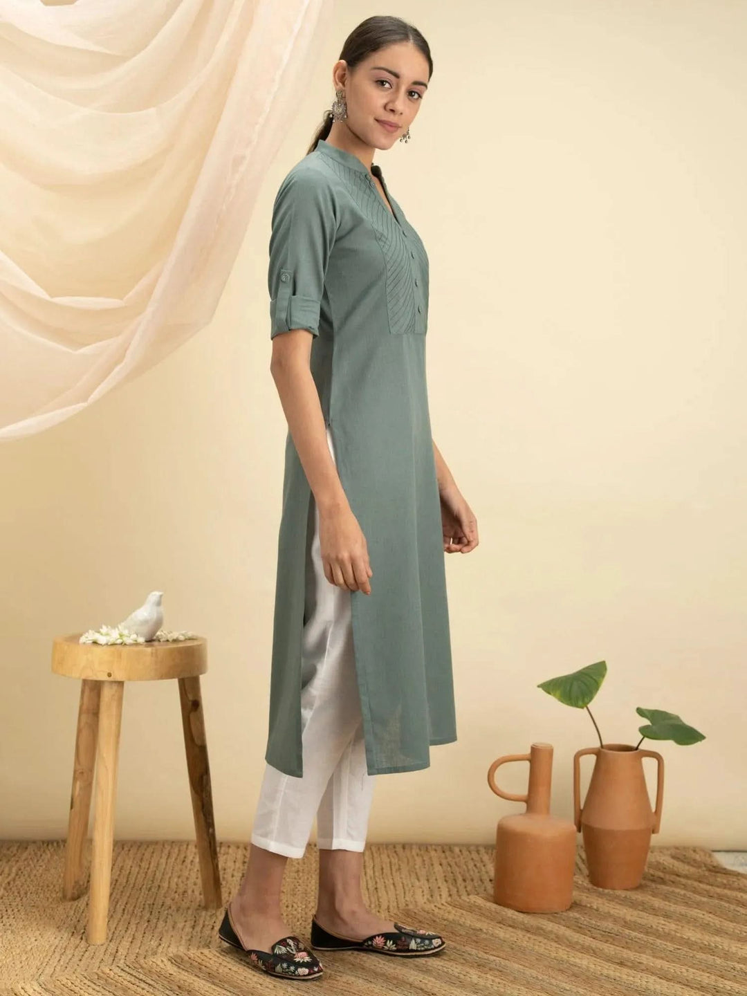 Green Solid Cotton Kurta - Libas