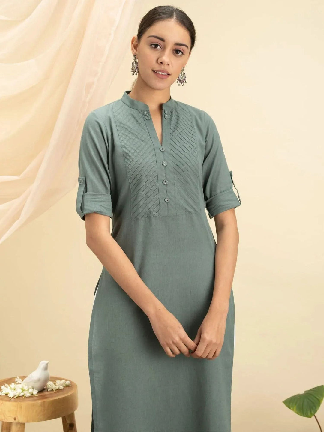 Green Solid Cotton Kurta - Libas