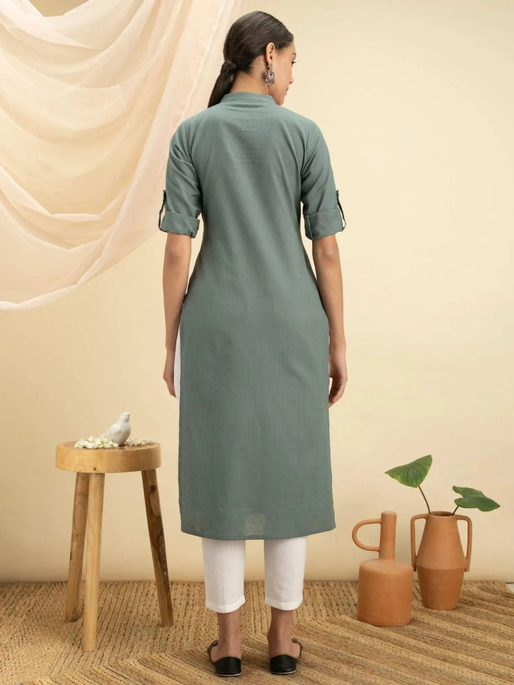 Green Solid Cotton Kurta - Libas