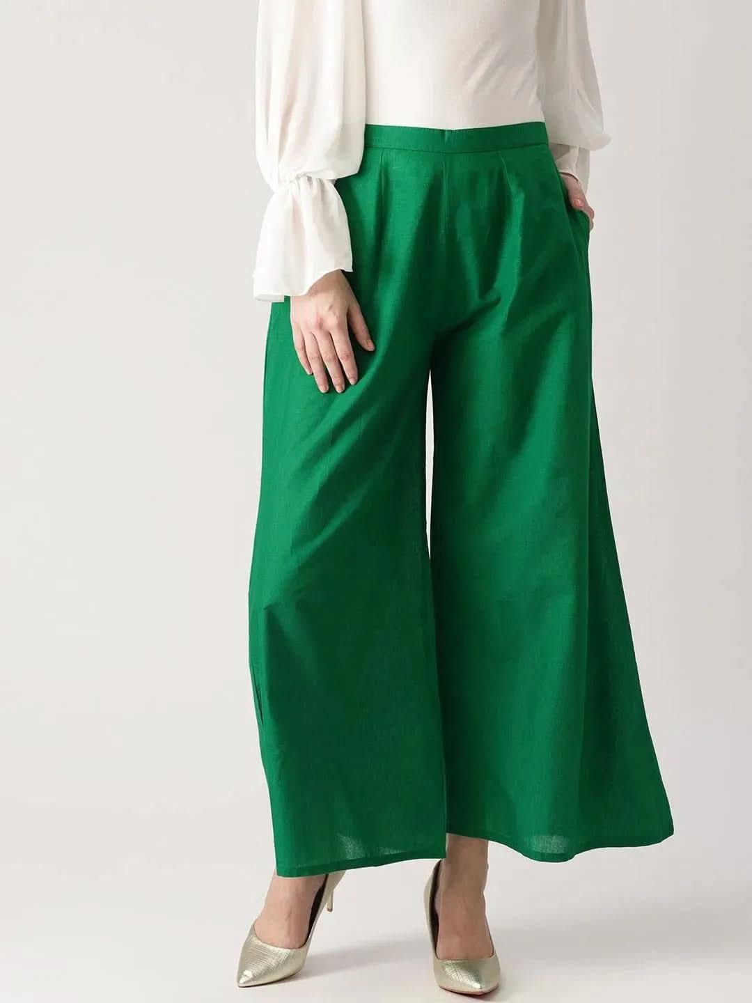 Green Solid Cotton Palazzos - Libas
