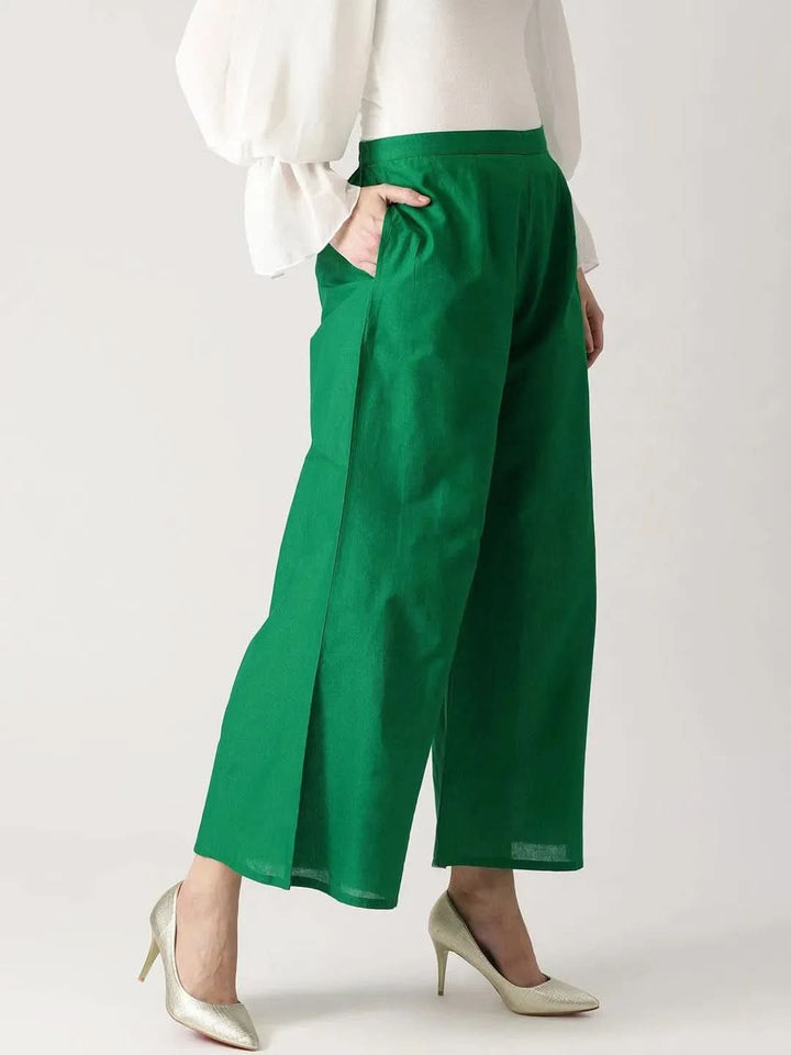 Green Solid Cotton Palazzos - Libas