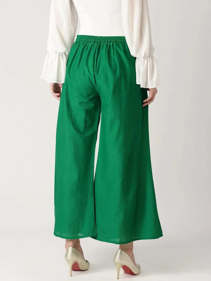 Green Solid Cotton Palazzos - Libas